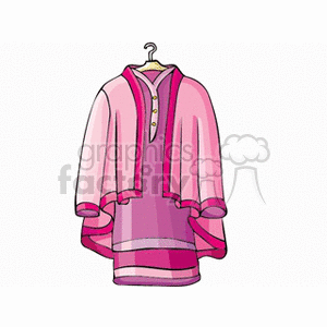 A clipart image of a pink and purple dress on a hanger. The dress has a layered design with a lighter pink outer layer and darker pink and purple inner layers. The garment features buttons at the neckline.