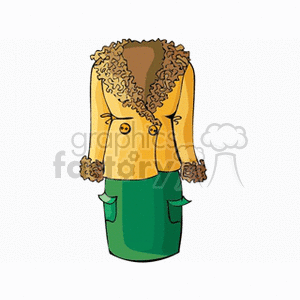 A clipart image depicting a winter outfit consisting of a yellow coat with a fur collar and cuffs, and a green skirt with pockets.