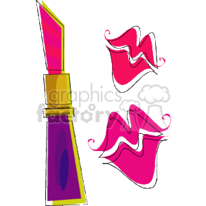 The clipart image shows a stylized illustration of a tube of lipstick with the cap off, revealing a slanted tip of lipstick. Beside the lipstick are two abstract swipes or smears that resemble the type of mark that lipstick would make if it was dragged across a surface, suggesting the color and texture of the lipstick application. The color theme is predominantly pink and the lipstick tube has gold and purple detailing, indicating a sense of cosmetic luxury or fashion.
