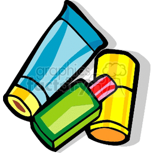 A colorful clipart image depicting three cosmetic products: a blue tube, a green rectangular bottle with a red cap, and a yellow cylindrical container.
