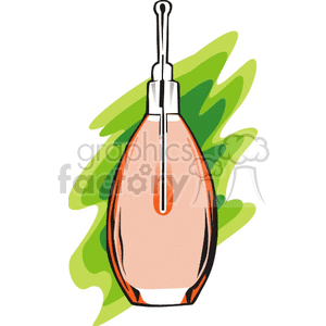 A clipart image of a tall, elegant perfume bottle with a dropper cap, set against a green, abstract background.