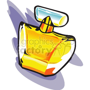 A vibrant, stylized clipart image of a perfume bottle, predominantly yellow with a blue and white top, casting a shadow.