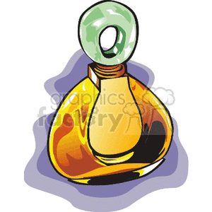 A colorful clipart illustration of a perfume bottle with a green cap and yellow fluid inside, casting a shadow on a purple surface.