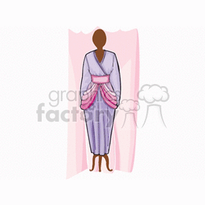 A clipart image showing a stylized representation of a person wearing a traditional kimono. The kimono is depicted with a purple color and a pink sash. The background features a light pink shade.