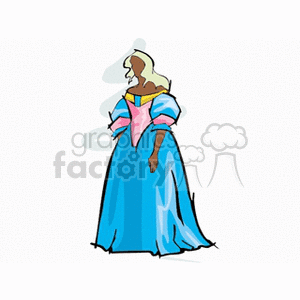 A clipart image of a princess wearing a blue and pink dress with puffed sleeves, a yellow collar, and a white trail.