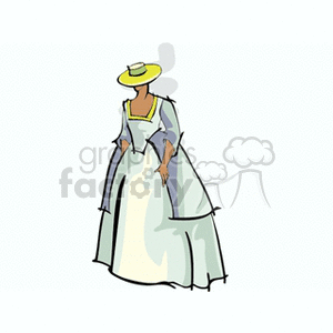 Clipart of a person wearing a long, elegant dress with short sleeves, accessorized by a wide-brimmed hat. The style appears to be historical or vintage.