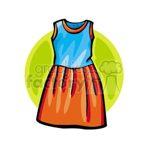 An illustration of a colorful sleeveless dress with a blue upper part and an orange skirt, set against a green circle background.