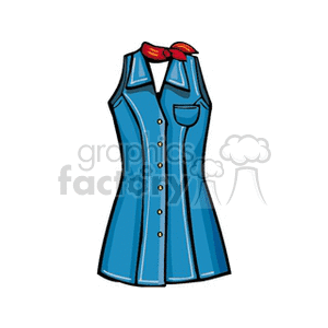 A clipart image of a sleeveless blue dress shirt with a front pocket and a red neckerchief.