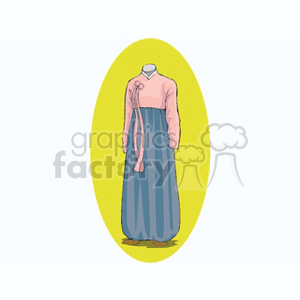 Clipart image of a traditional Korean dress known as a hanbok. The attire is depicted with a pink top and a blue skirt, showcased within an oval shape with a yellow background.