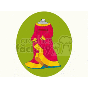 This clipart image features a headless mannequin wearing a medieval-style red gown with yellow and blue accents, set against a green oval background.