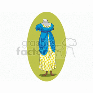 A clipart illustration of a vintage bonnet and dress on a headless mannequin. The dress is yellow with polka dots and a blue overlay, paired with brown shoes, set against an oval green background.