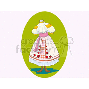 A clipart image of a traditional folk dress with a white blouse and a patterned skirt. The dress features puffy sleeves, a high collar, a pink sash, and decorative designs in red and pink. The image is set against a green oval background.