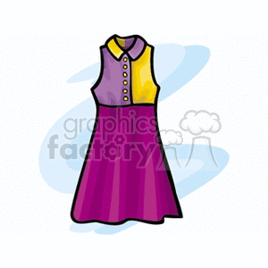 A colorful sleeveless dress with a yellow and purple top and a magenta skirt portion, illustrated in a simple, cartoon-like style.