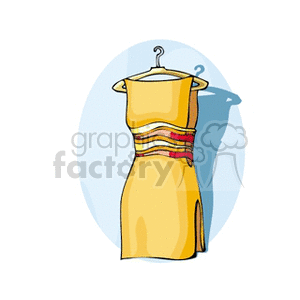 A clipart image of a sleeveless yellow dress with red and white stripes around the waist, hanging on a hanger against a light blue background.