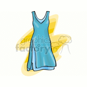 A clipart image of a blue sleeveless dress with a V-neck and layered design, set against a yellow abstract background.