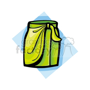 A clipart image of a green skirt with a bow, set against a blue diamond-shaped background.