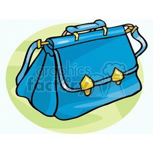 A colorful clipart image of a blue handbag with yellow clasps and a strap, placed against a light geometric background.