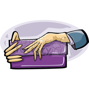A clipart image of a stylized hand holding a purple handbag. 