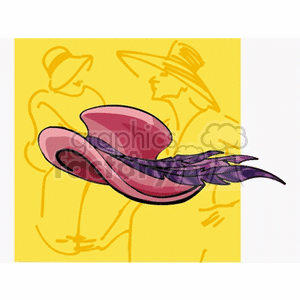 A clipart image featuring a pink hat with purple feathers in the foreground. The background consists of yellow sketches of people wearing hats.