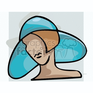 Abstract clipart image of a stylized human face wearing a large blue hat with a broad brim.