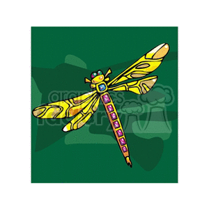 A vibrant clipart image of a colorful dragonfly with yellow, green, and pink details, set against a dark green background.