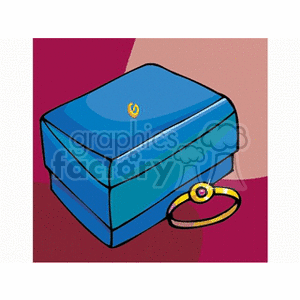 A clipart image of a blue jewelry box with a gold ring featuring a red gemstone placed beside it.