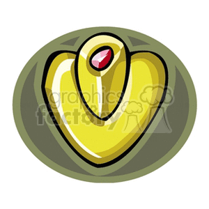 Clipart image of a golden shield with a red gem in the center, on a green background.