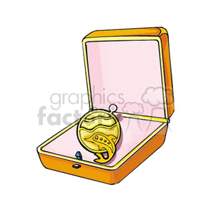 A clipart image of a golden locket in the shape of a planet inside an open jewelry box.