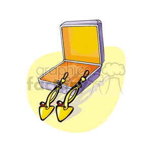 A clipart image of a pair of earrings displayed in an open jewelry box with a yellow interior.