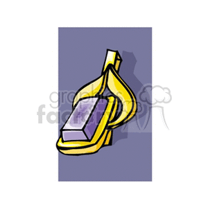 A clipart image of a gold pendant with a purple amethyst in it, on a purple background.