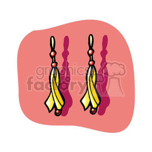 Clipart image of a pair of gold dangle earrings with a retro 80s style featuring red beads.