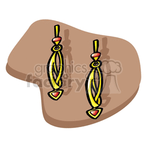 Clipart image of gold dangle earrings with red gemstones, featuring a vintage 80s style with triangle shapes.