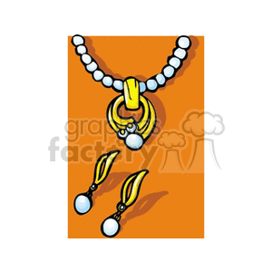 Clipart image of a pearl necklace with a gold pendant and matching dangle earrings.