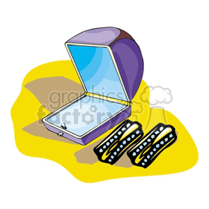 Clipart image of an open jewelry box with a mirror and a pair of cuff links beside it.