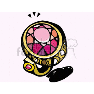 Illustrated clipart of a gold ring with a large, pink gemstone.