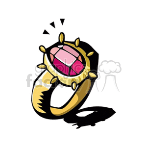 Colorful clipart image of a gold ring with a large pink gemstone and artistic highlights.