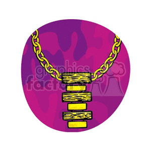 A clipart image of a gold chain necklace with a distinctive pendant on a purple background.