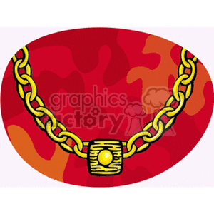 Clipart image of a thick gold chain necklace with a decorative pendant against a red and orange abstract background.