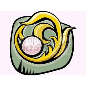 A decorative clipart image featuring a pink pearl encircled by a golden, swirling design on a green background.