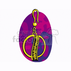 A stylized clipart image of a gold earring with a circular design and a textured center, set against a purple and pink patterned background.