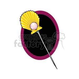 Clipart of a pin with a yellow scallop shell and a pearl, set against a black oval background.