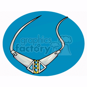 A decorative necklace with a triangular and geometric design set against a blue background.