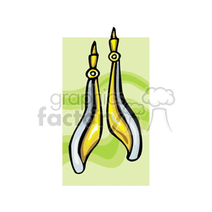 Clipart image of a pair of abstract, artistic earrings with a combination of yellow and gray colors on a green wavy background.