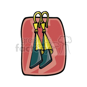 A clipart image of a pair of earrings with yellow hooks and teal geometric shapes, displayed against a red background.