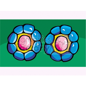 Clipart image featuring two flowers earrings with blue petals and pink centers, on a green background.