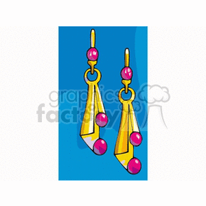 Clipart image of stylish gold earrings with pink beads on a blue background.