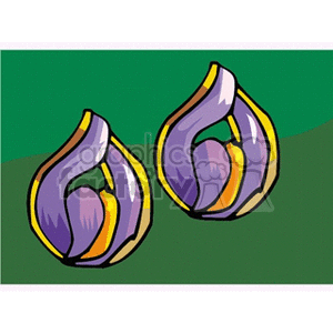 Two stylized purple and yellow flower buds earrings on a green background.