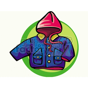 A colorful clipart image of a hooded jacket with a blue body and red hood, displayed on a green background.