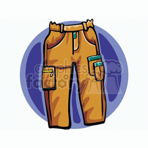 A clipart image of brown cargo pants with multiple pockets, set against a blue circular background.