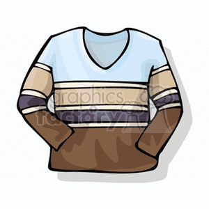 A clipart image of a striped V-neck sweater in shades of blue, beige, and brown.